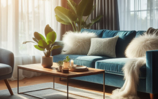 Decoração de sala com sofá azul