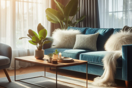Decoração de sala com sofá azul