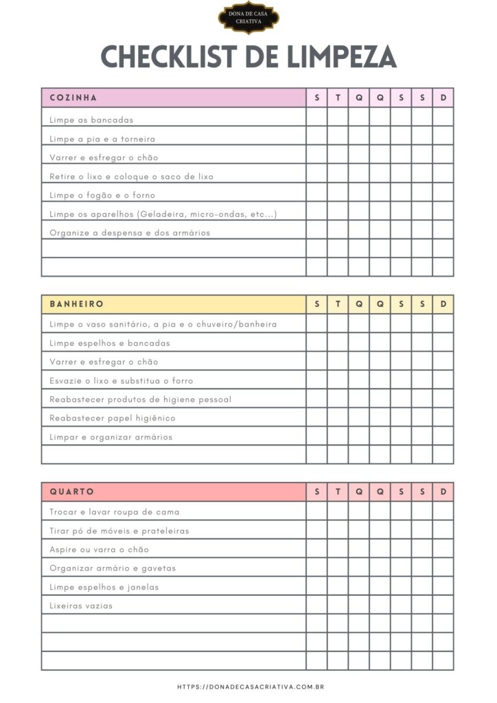 Checklist de limpeza para imprimir