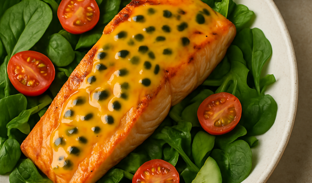 Salmão grelhado com molho de maracujá