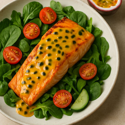 Salmão grelhado com molho de maracujá