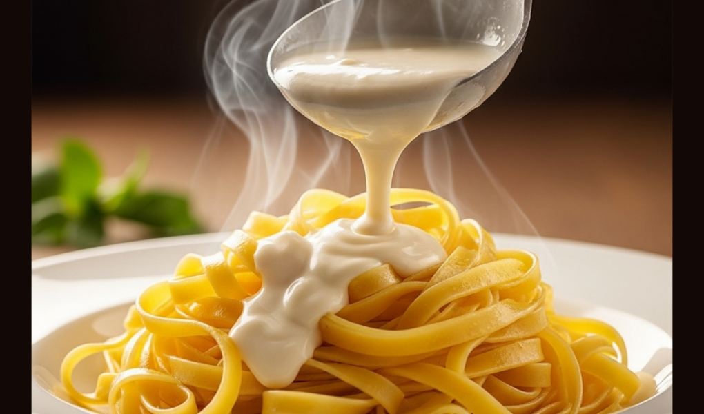 Molho Bechamel Clássico: Receita Fácil que Não Empelota Um prato de macarrão fettuccine sendo coberto por um molho branco cremoso e fumegante, pronto para ser servido.