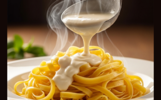 Um prato de macarrão fettuccine sendo coberto por um molho branco cremoso e fumegante, pronto para ser servido.