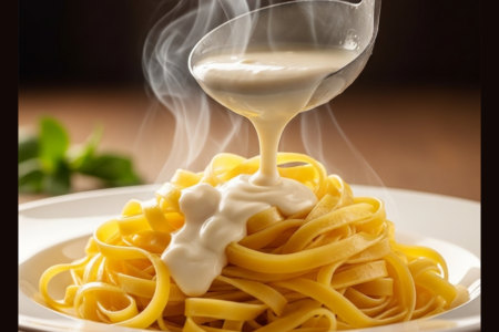 Um prato de macarrão fettuccine sendo coberto por um molho branco cremoso e fumegante, pronto para ser servido.