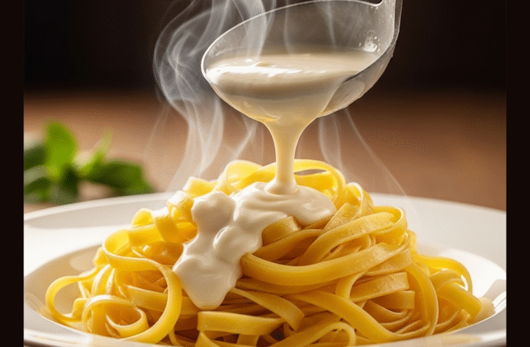 Um prato de macarrão fettuccine sendo coberto por um molho branco cremoso e fumegante, pronto para ser servido.