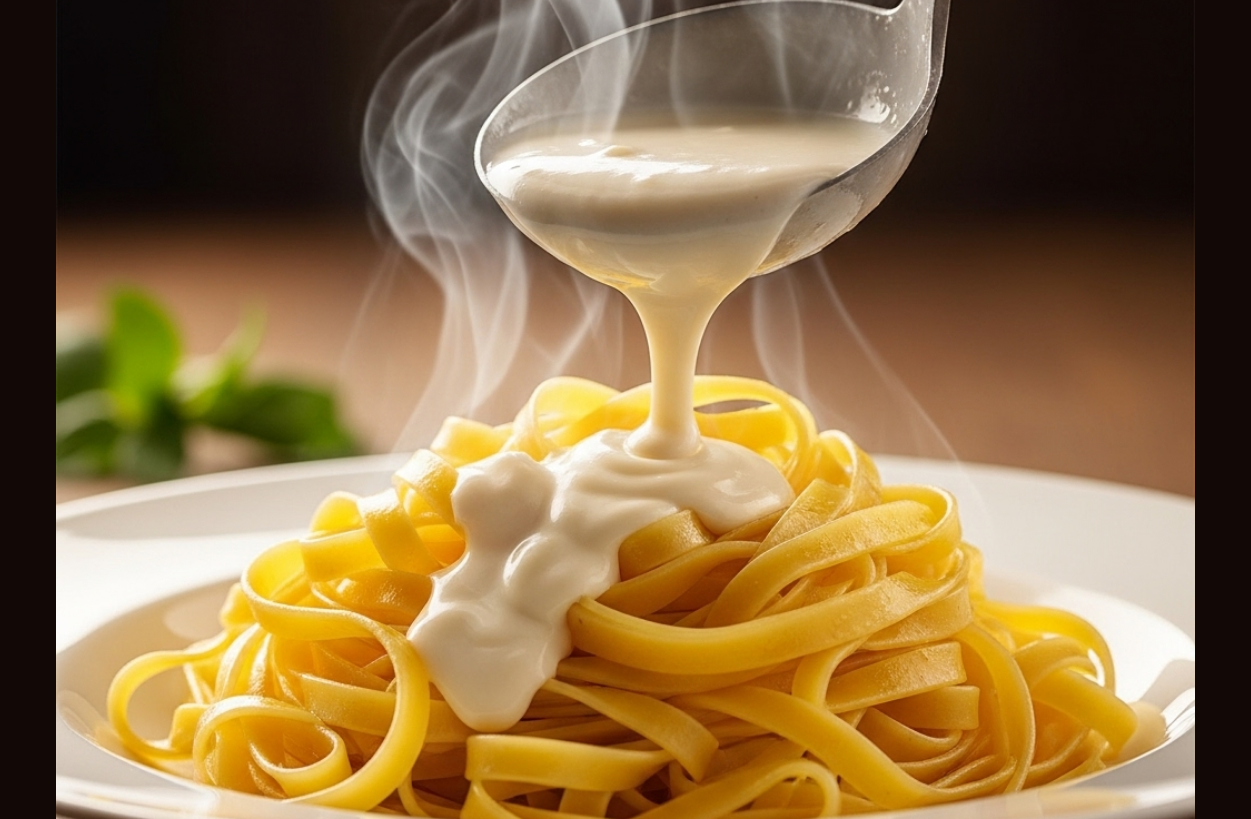 Um prato de macarrão fettuccine sendo coberto por um molho branco cremoso e fumegante, pronto para ser servido.