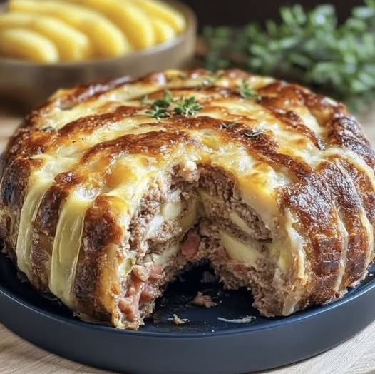 Bolo de Carne Recheado em uma travessa preta