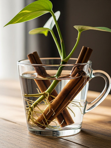 Mudas de plantas em casa feitas com água e canela no copo transparente
