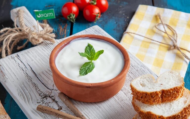 Authentic Turkish yogurt served in a clay bowl with mint, tomatoes, and sesame bread on rustic wooden board.